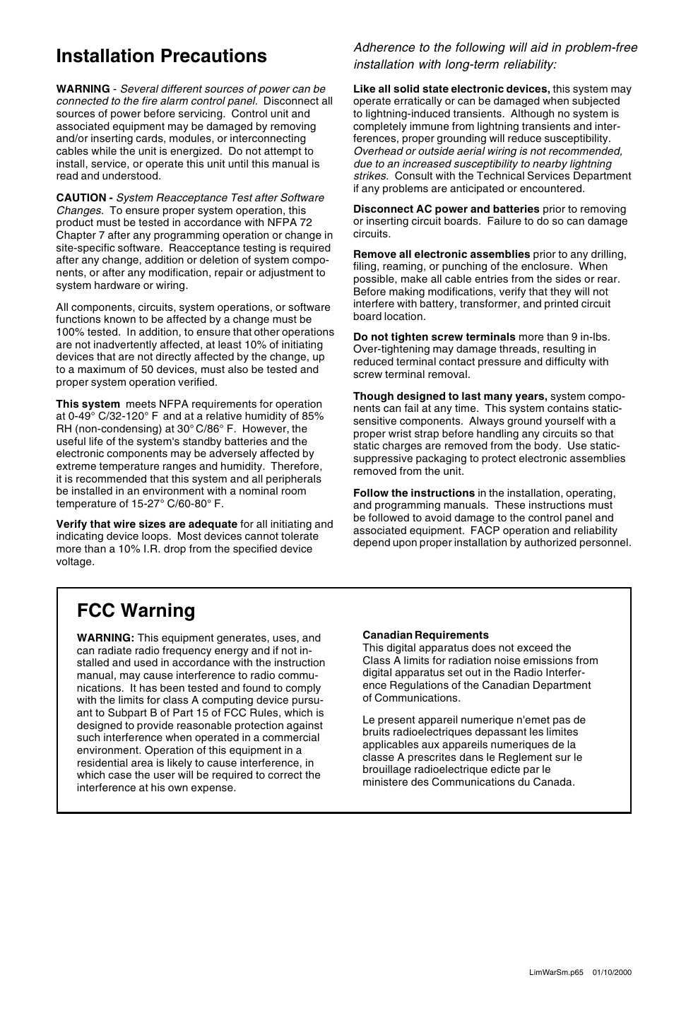 Fcc warning, Installation precautions | Fire-Lite LDM-32F Lamp Drivers User Manual | Page 3 / 64