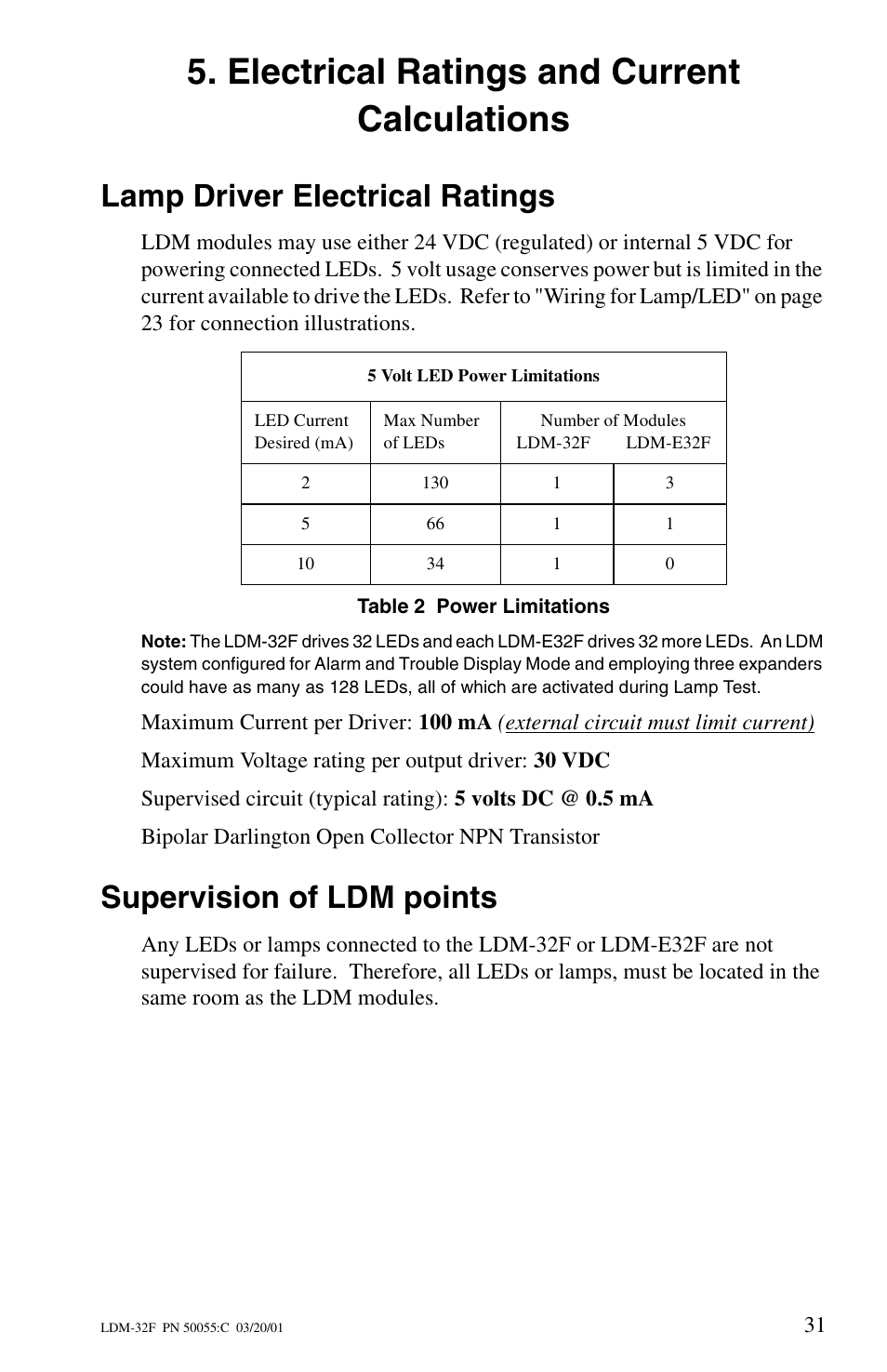 Electrical ratings and current calculations, Lamp driver electrical ratings, Supervision of ldm points | Fire-Lite LDM-32F Lamp Drivers User Manual | Page 31 / 64