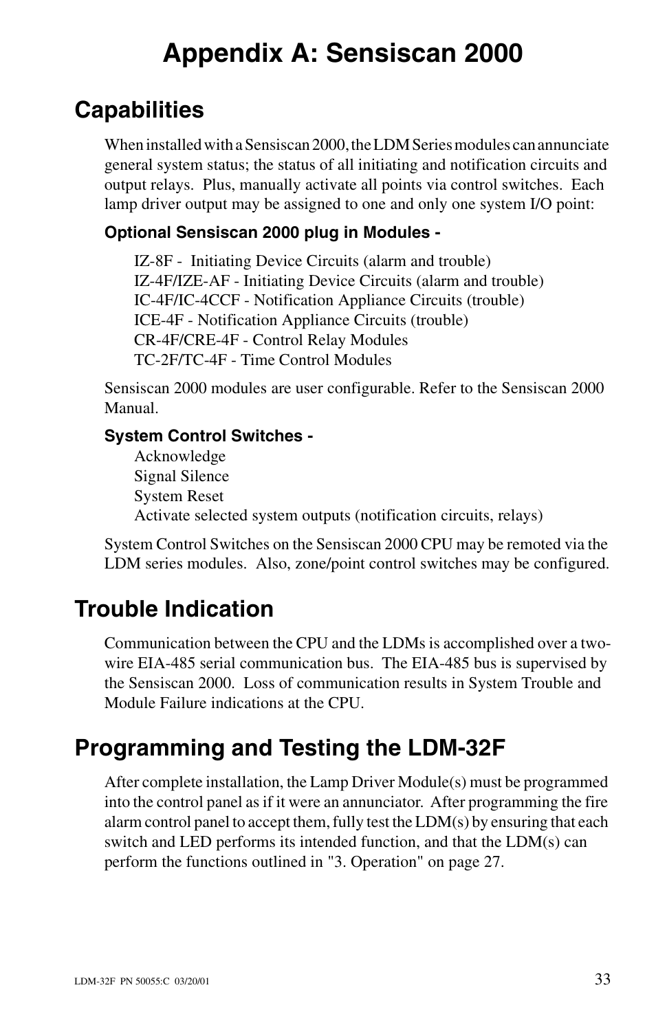 Appendix a: sensiscan 2000, Capabilities, Trouble indication | Programming and testing the ldm-32f | Fire-Lite LDM-32F Lamp Drivers User Manual | Page 33 / 64