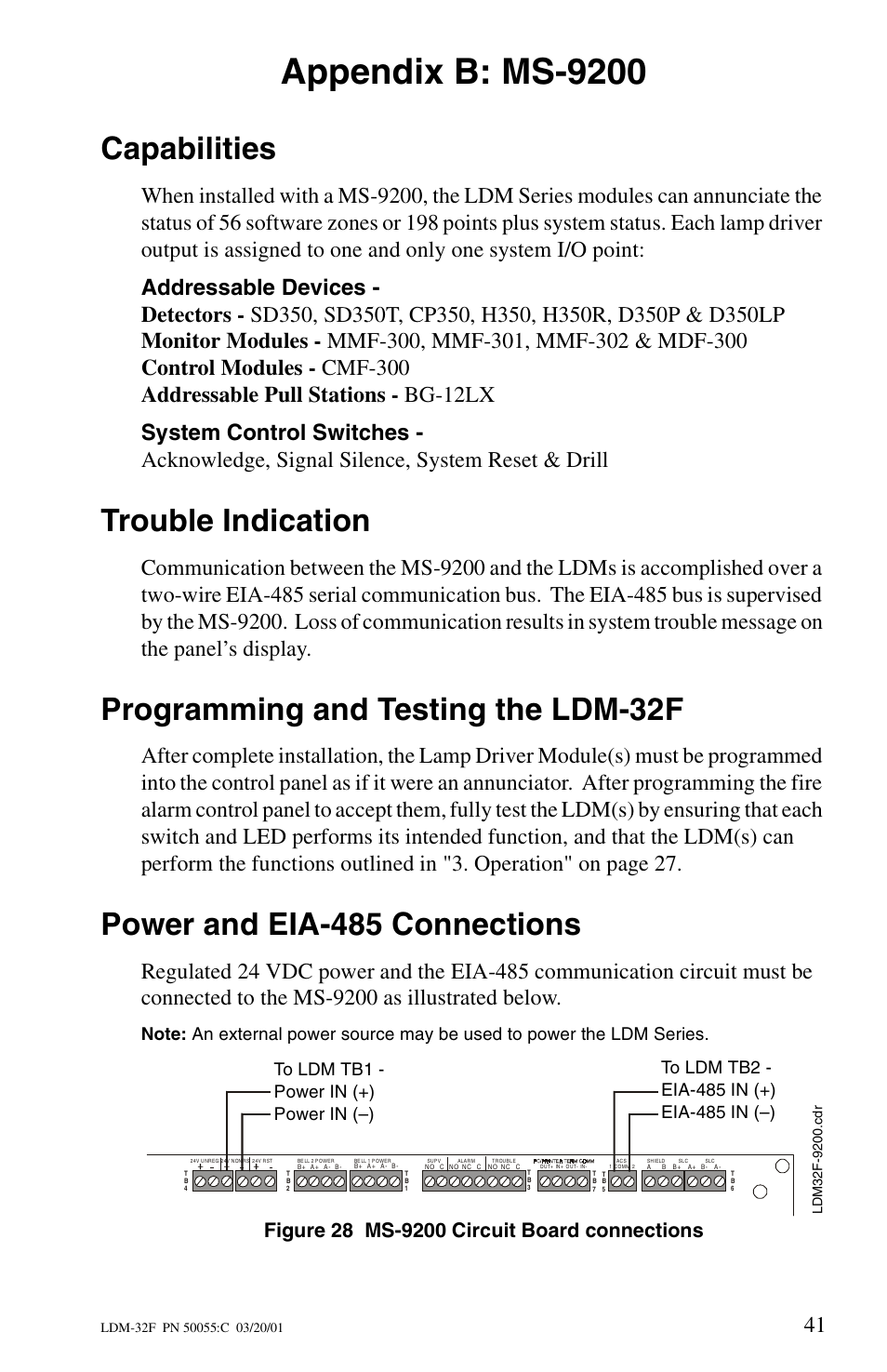 Appendix b: ms-9200, Capabilities, Trouble indication | Programming and testing the ldm-32f, Power and eia-485 connections | Fire-Lite LDM-32F Lamp Drivers User Manual | Page 41 / 64