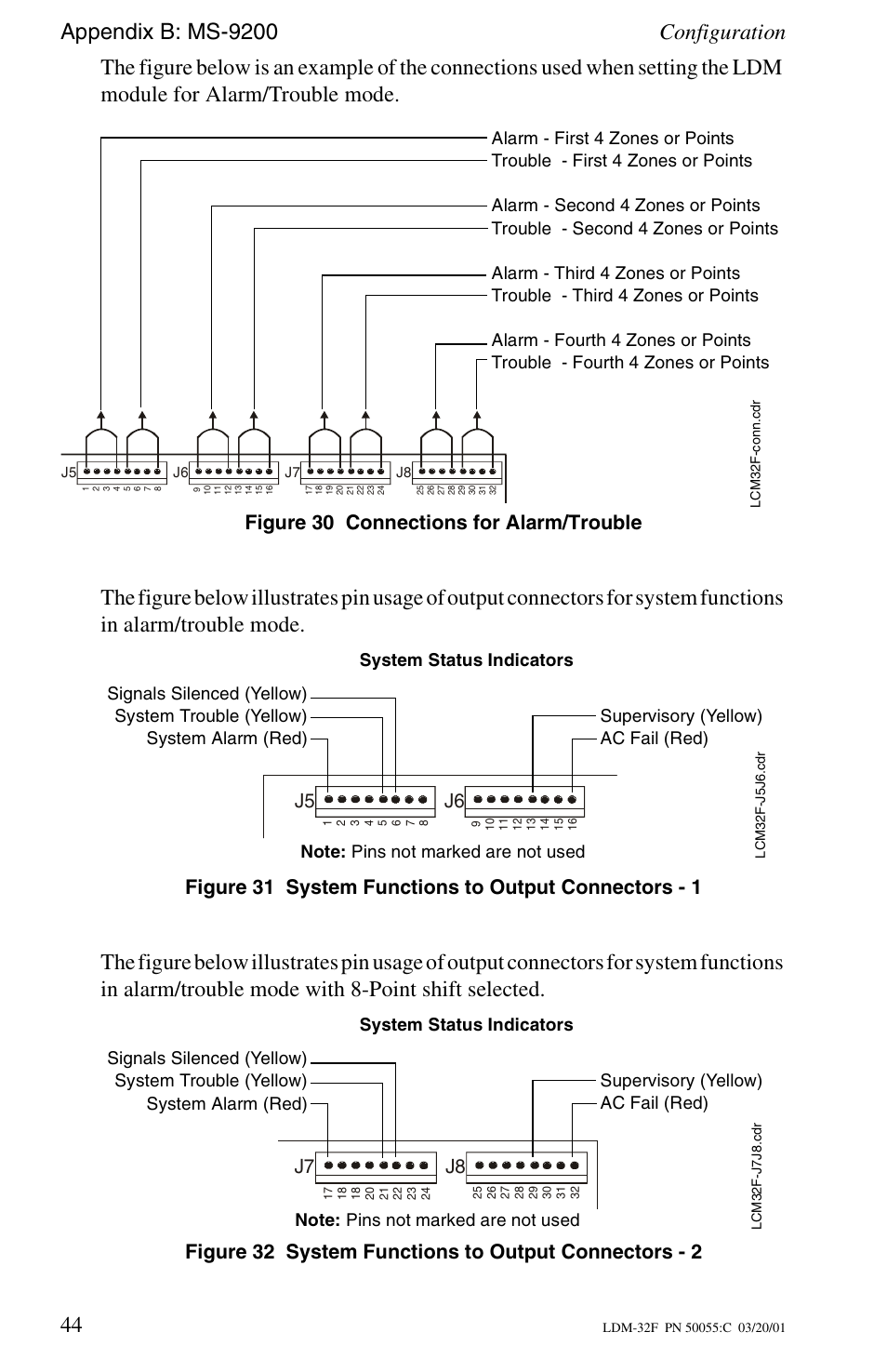 Figure 30 connections for alarm/trouble, J5 j6, J7 j8 | Fire-Lite LDM-32F Lamp Drivers User Manual | Page 44 / 64