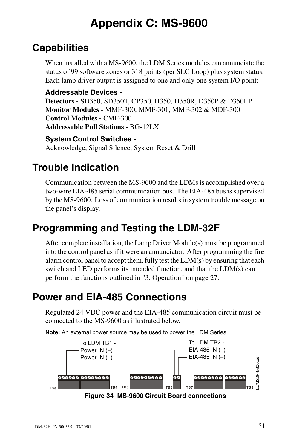Appendix c: ms-9600, Capabilities, Trouble indication | Programming and testing the ldm-32f, Power and eia-485 connections | Fire-Lite LDM-32F Lamp Drivers User Manual | Page 51 / 64