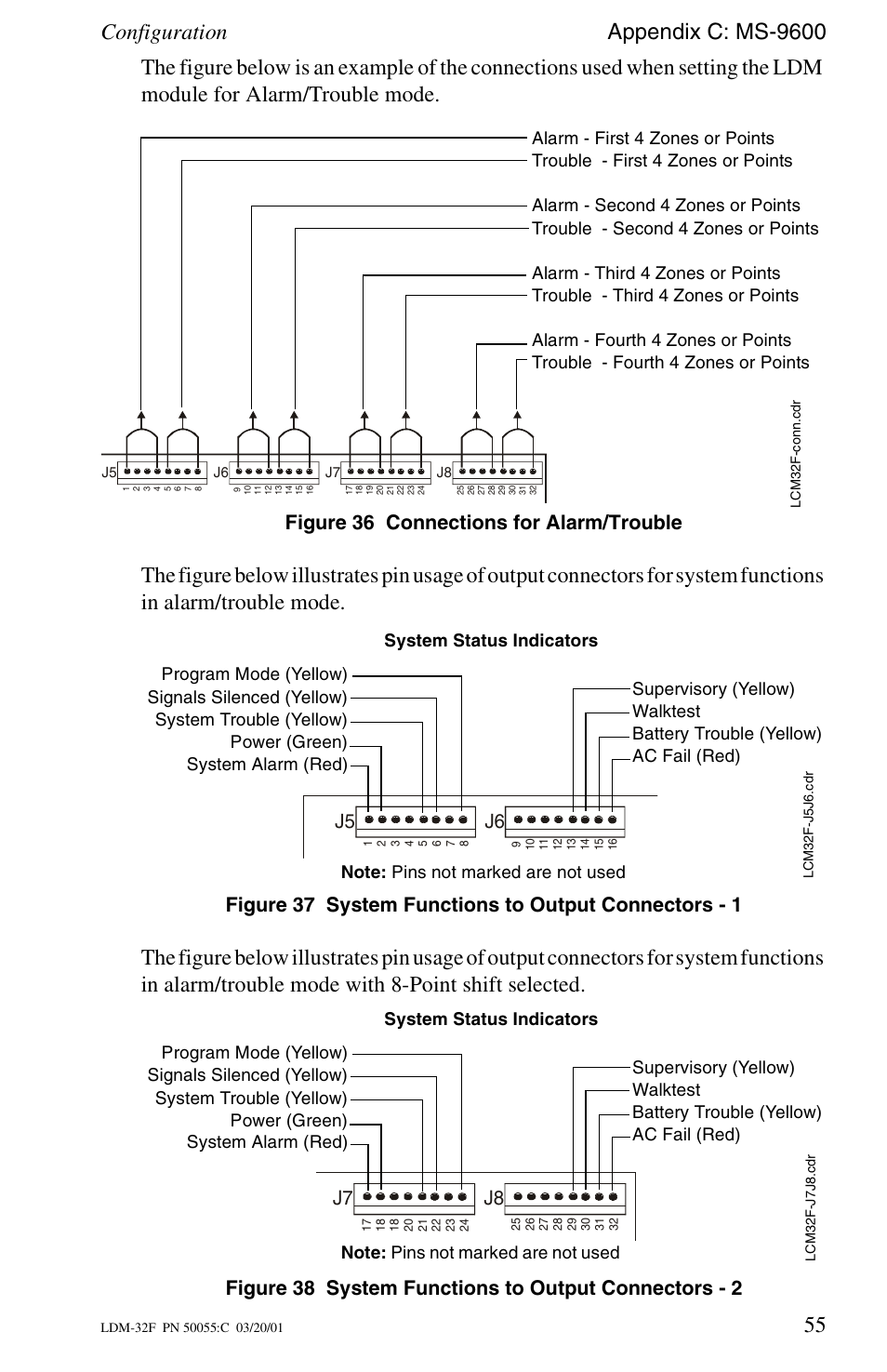 Configuration appendix c: ms-9600, Figure 36 connections for alarm/trouble, J5 j6 | J7 j8 | Fire-Lite LDM-32F Lamp Drivers User Manual | Page 55 / 64