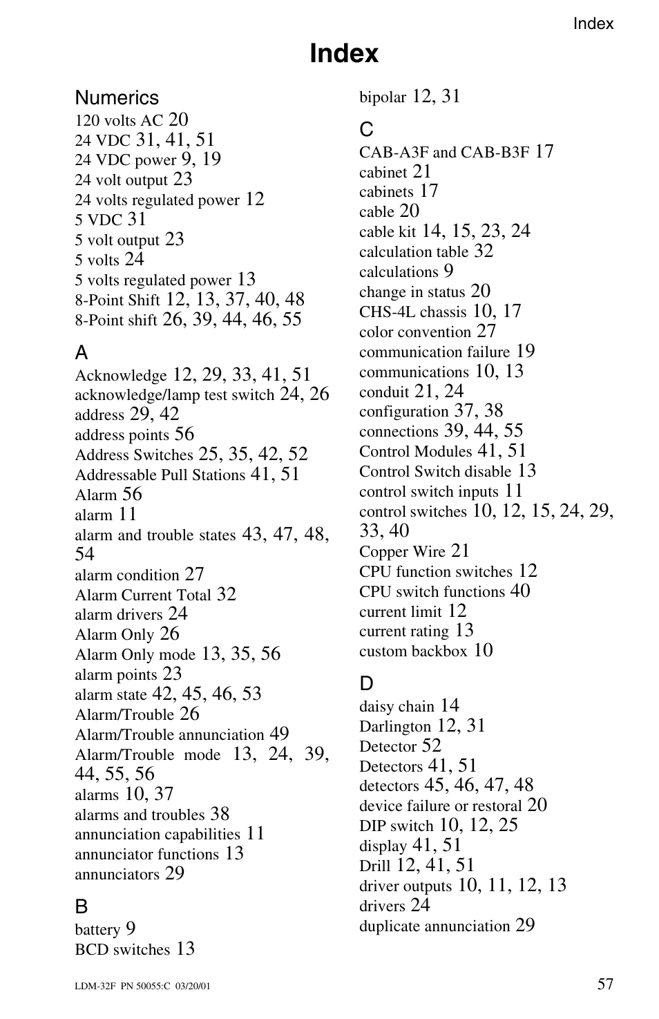 Index | Fire-Lite LDM-32F Lamp Drivers User Manual | Page 57 / 64