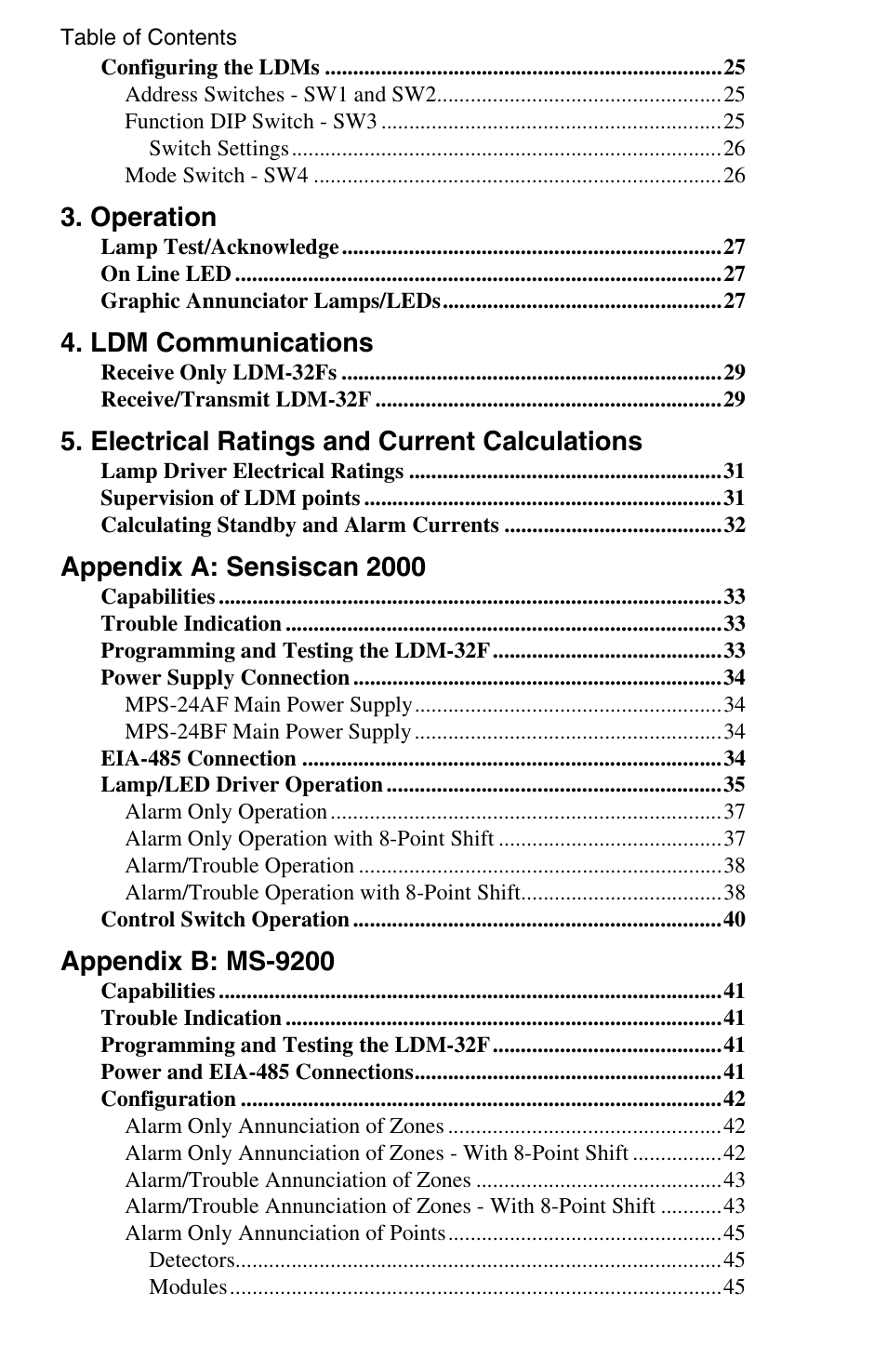 Operation, Ldm communications, Electrical ratings and current calculations | Appendix a: sensiscan 2000, Appendix b: ms-9200 | Fire-Lite LDM-32F Lamp Drivers User Manual | Page 6 / 64