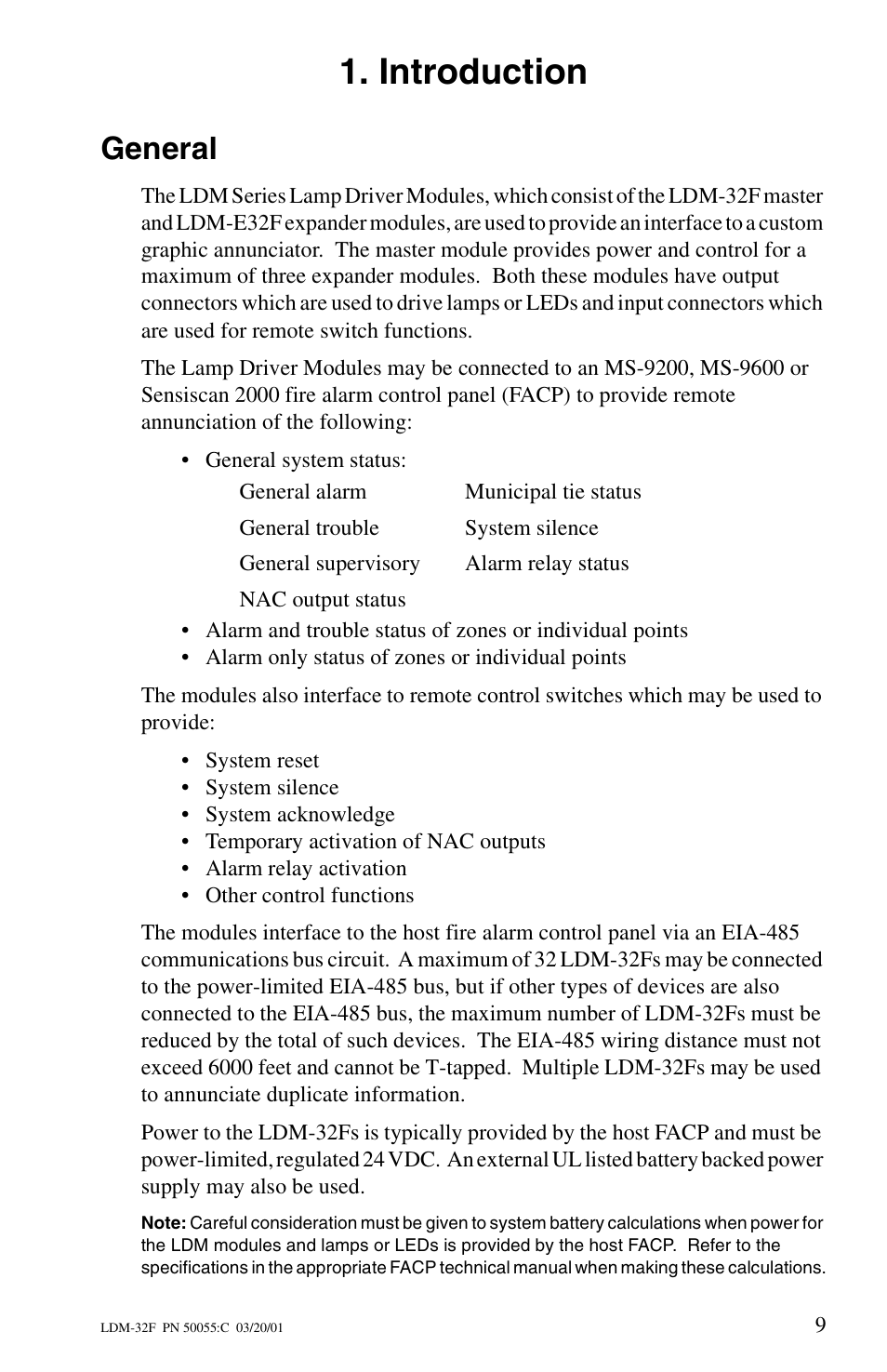 Introduction, General | Fire-Lite LDM-32F Lamp Drivers User Manual | Page 9 / 64