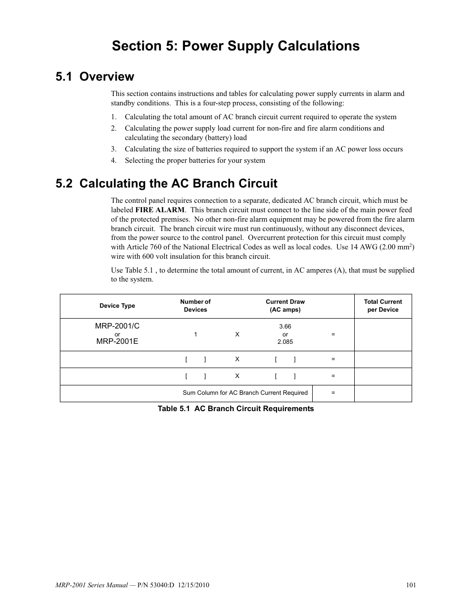 Section 5: power supply calculations, 1 overview, 2 calculating the ac branch circuit | Overview 5.2: calculating the ac branch circuit | Fire-Lite MRP-2001C PRE-ACTION/DELUGE CONTROL PANEL User Manual | Page 101 / 144