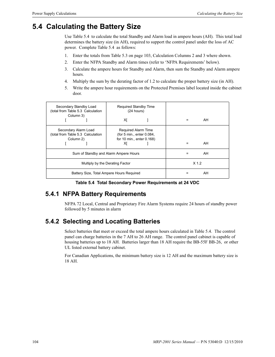 4 calculating the battery size, 1 nfpa battery requirements, 2 selecting and locating batteries | Calculating the battery size | Fire-Lite MRP-2001C PRE-ACTION/DELUGE CONTROL PANEL User Manual | Page 104 / 144