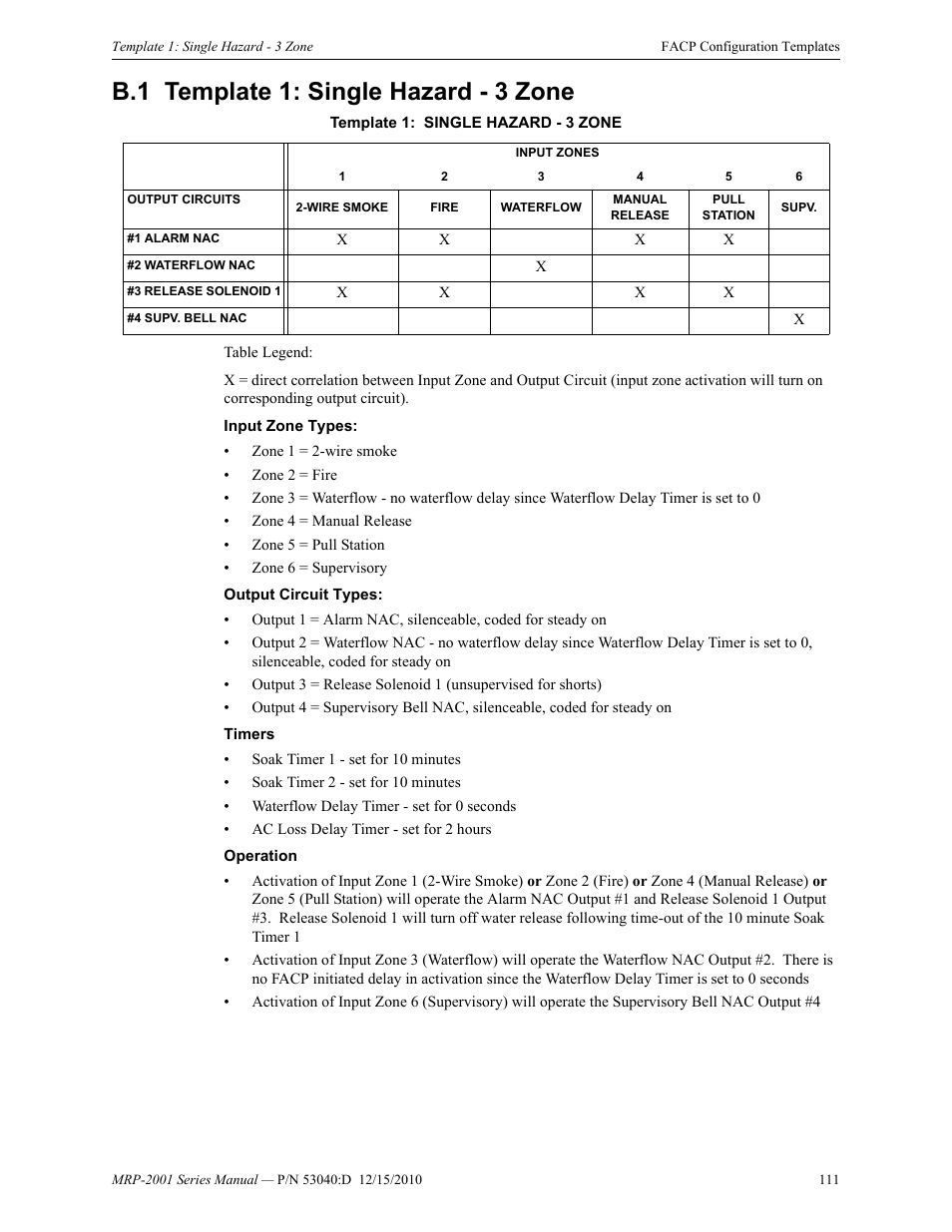 B.1 template 1: single hazard - 3 zone, B.1: template 1: single hazard - 3 zone | Fire-Lite MRP-2001C PRE-ACTION/DELUGE CONTROL PANEL User Manual | Page 111 / 144