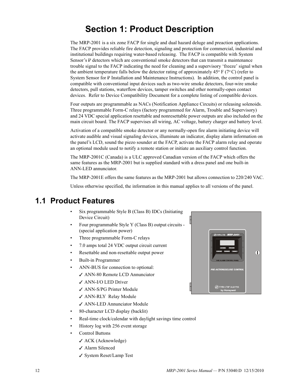 Section 1: product description, 1 product features, Product features | Fire-Lite MRP-2001C PRE-ACTION/DELUGE CONTROL PANEL User Manual | Page 12 / 144