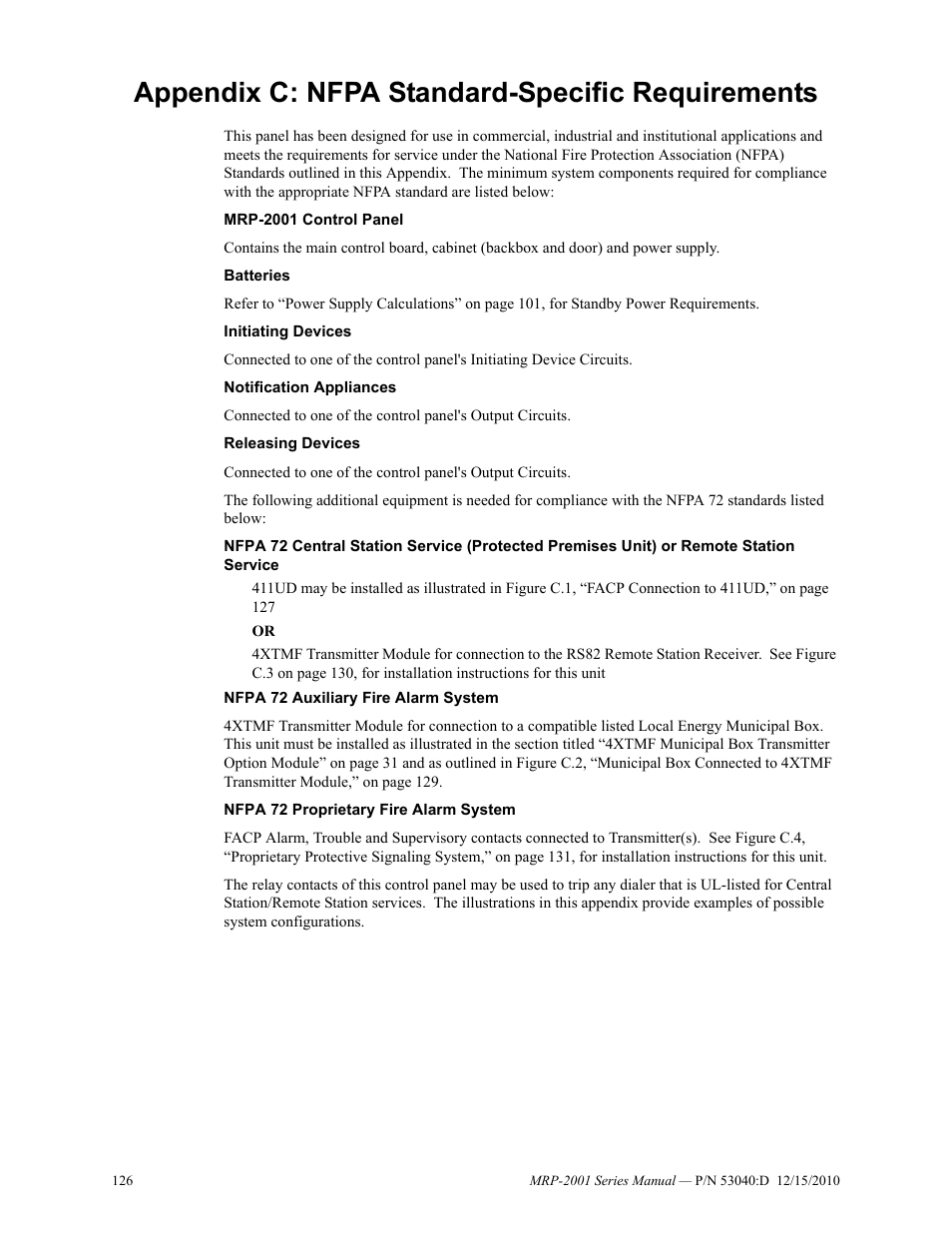 Appendix c: nfpa standard-specific requirements | Fire-Lite MRP-2001C PRE-ACTION/DELUGE CONTROL PANEL User Manual | Page 126 / 144