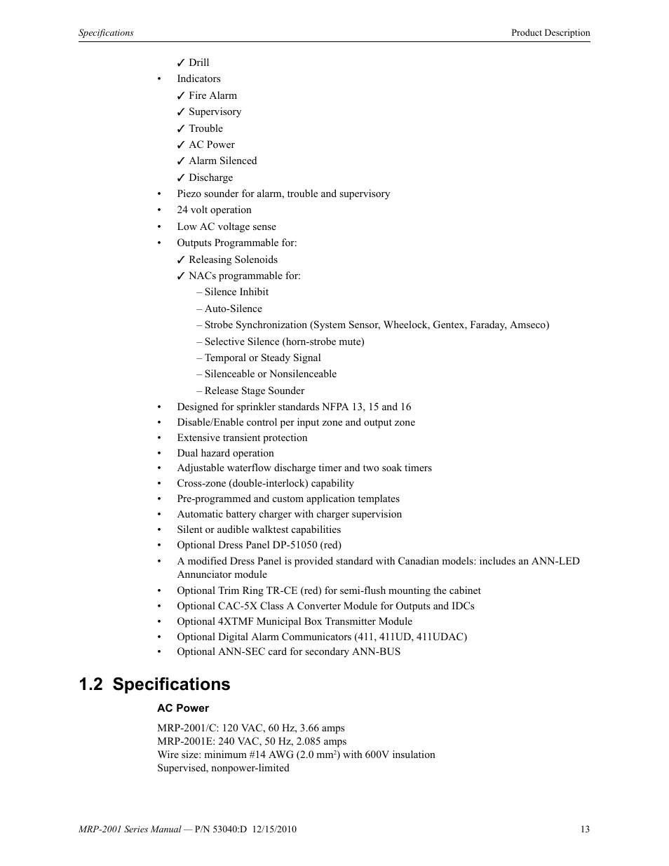 2 specifications, Specifications | Fire-Lite MRP-2001C PRE-ACTION/DELUGE CONTROL PANEL User Manual | Page 13 / 144