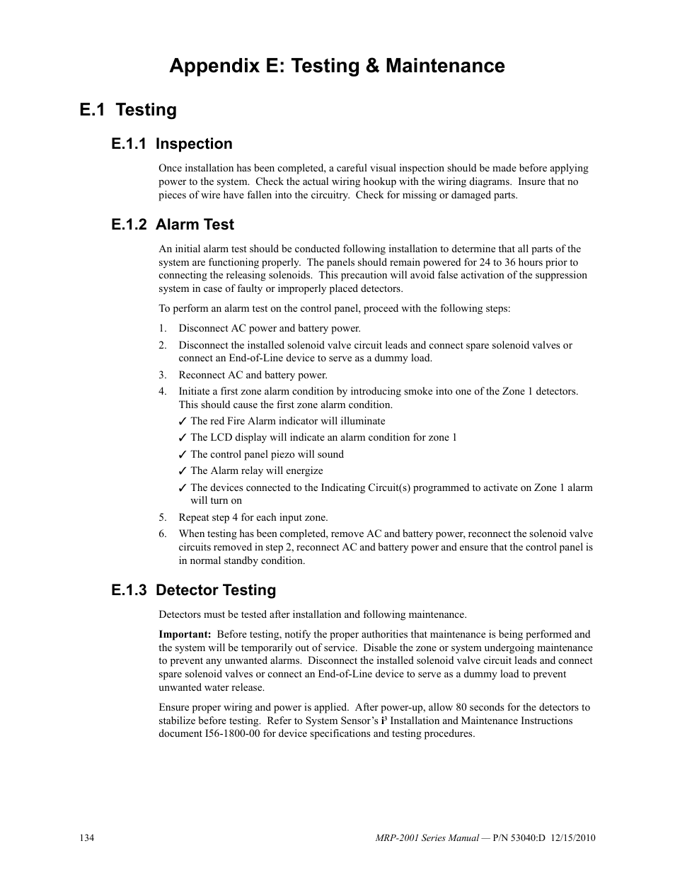 Appendix e: testing & maintenance, E.1 testing, E.1.1 inspection | E.1.2 alarm test, E.1.3 detector testing, E.1: testing | Fire-Lite MRP-2001C PRE-ACTION/DELUGE CONTROL PANEL User Manual | Page 134 / 144