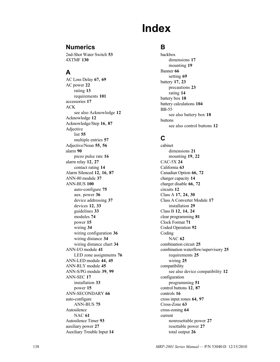 Index, Numerics | Fire-Lite MRP-2001C PRE-ACTION/DELUGE CONTROL PANEL User Manual | Page 138 / 144