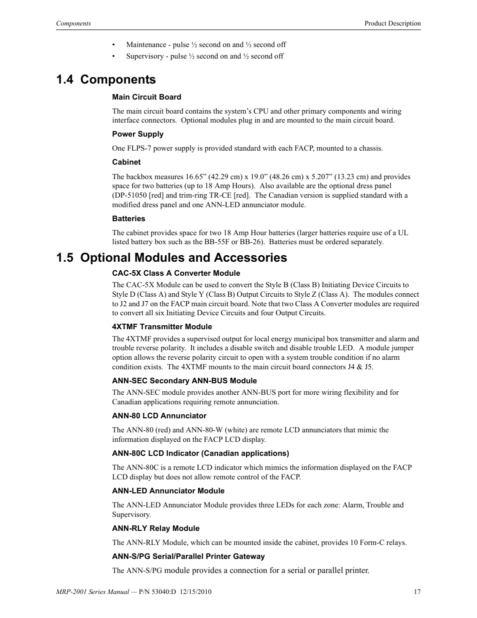 4 components, 5 optional modules and accessories, Components 1.5: optional modules and accessories | Fire-Lite MRP-2001C PRE-ACTION/DELUGE CONTROL PANEL User Manual | Page 17 / 144