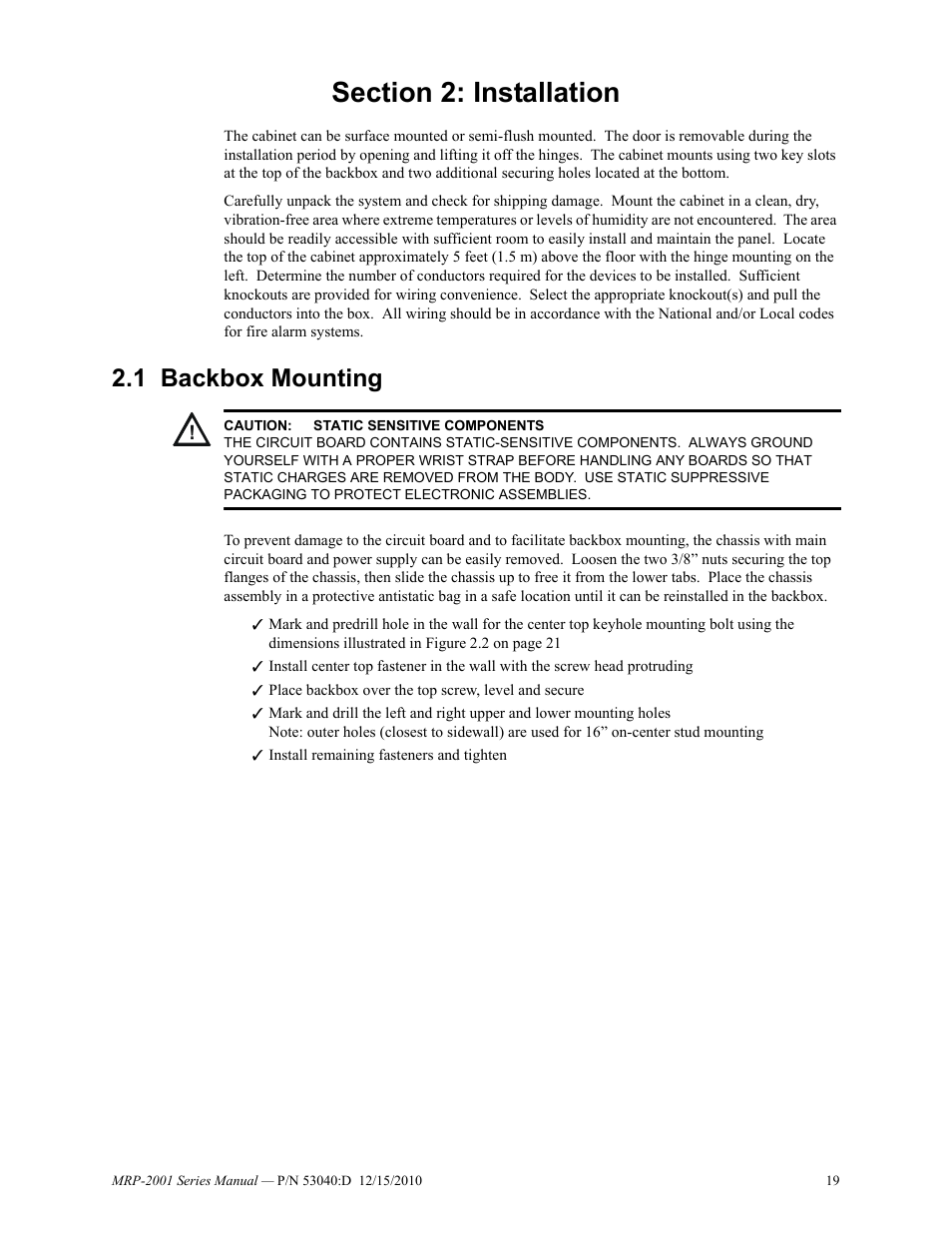 Section 2: installation, 1 backbox mounting, Backbox mounting | Fire-Lite MRP-2001C PRE-ACTION/DELUGE CONTROL PANEL User Manual | Page 19 / 144