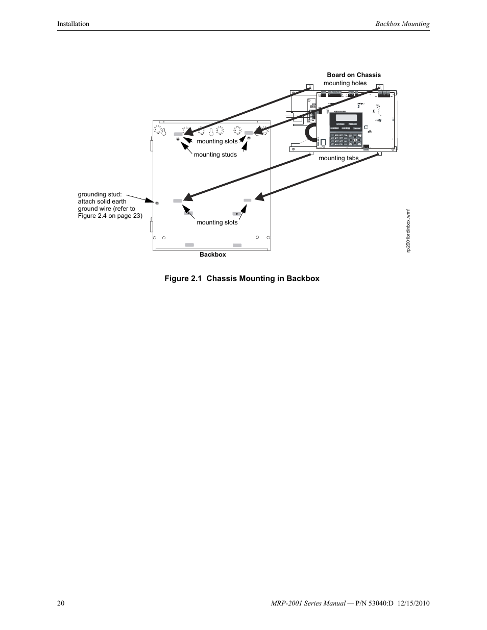 Figure 2.1 chassis mounting in backbox | Fire-Lite MRP-2001C PRE-ACTION/DELUGE CONTROL PANEL User Manual | Page 20 / 144