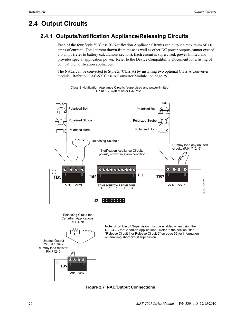 4 output circuits, Output circuits, Outputs/notification appliance/releasing circuits | Fire-Lite MRP-2001C PRE-ACTION/DELUGE CONTROL PANEL User Manual | Page 26 / 144