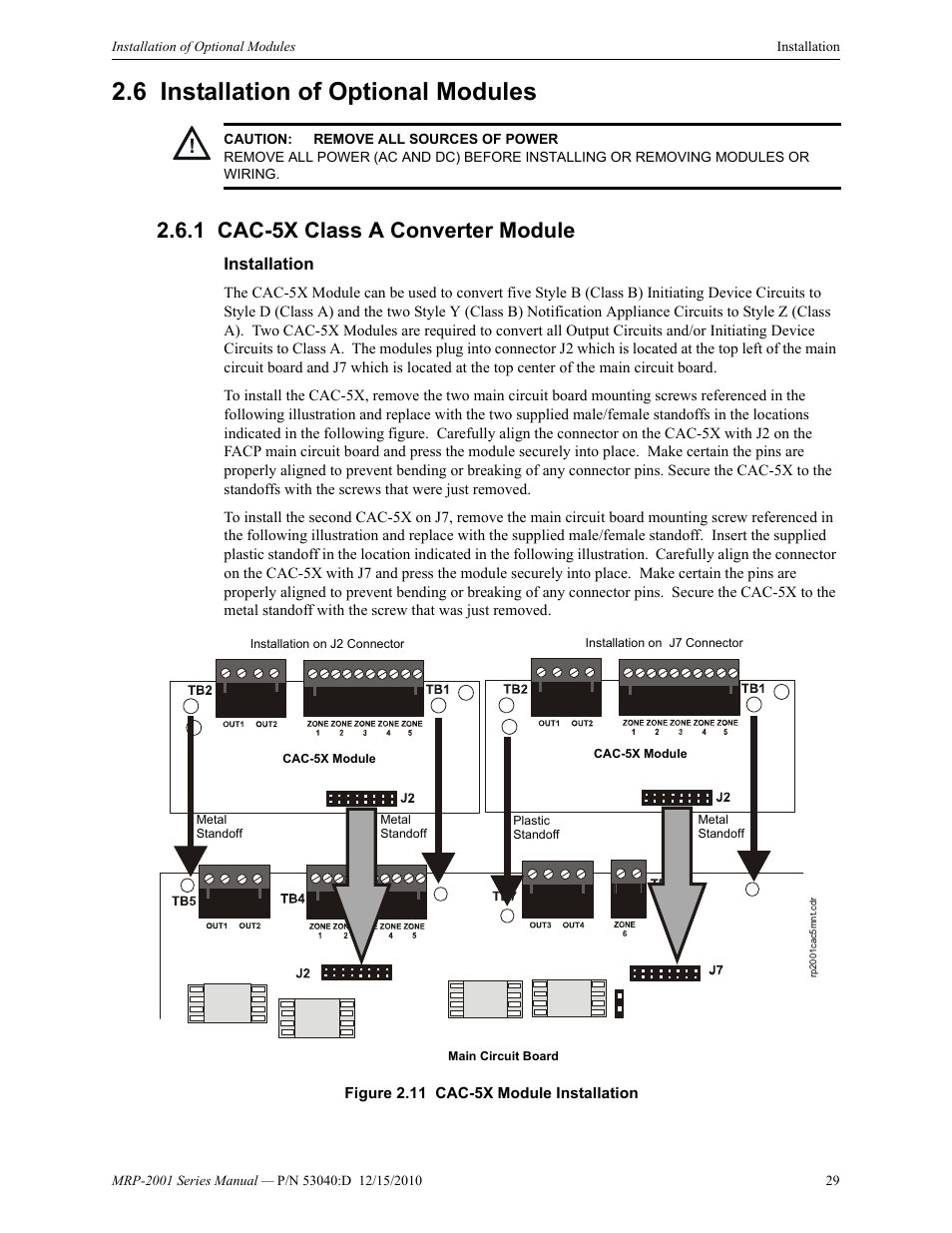 6 installation of optional modules, 1 cac-5x class a converter module, Installation | Installation of optional modules, Cac-5x class a converter module | Fire-Lite MRP-2001C PRE-ACTION/DELUGE CONTROL PANEL User Manual | Page 29 / 144