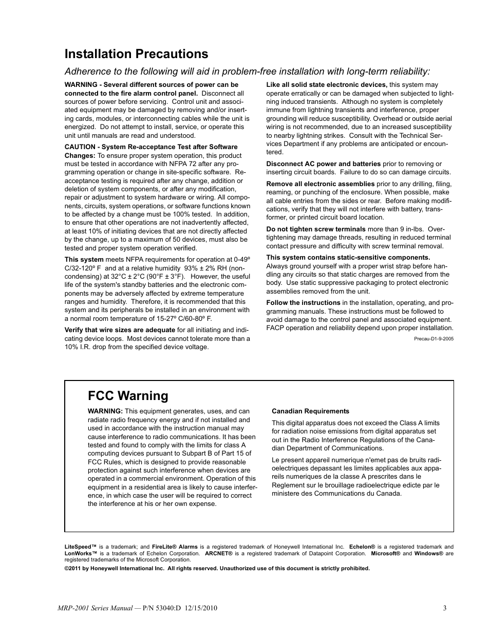 Installation precautions, Fcc warning | Fire-Lite MRP-2001C PRE-ACTION/DELUGE CONTROL PANEL User Manual | Page 3 / 144