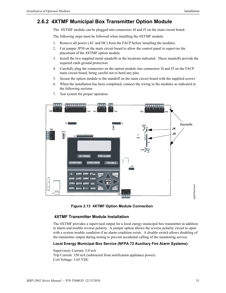 2 4xtmf municipal box transmitter option module, 4xtmf transmitter module installation, 4xtmf municipal box transmitter option module | Fire-Lite MRP-2001C PRE-ACTION/DELUGE CONTROL PANEL User Manual | Page 31 / 144