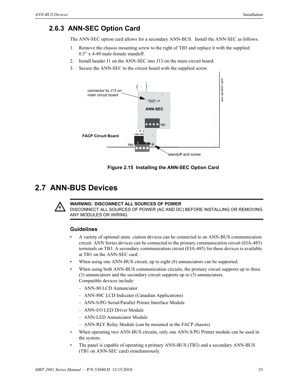 3 ann-sec option card, 7 ann-bus devices, Guidelines | Ann-sec option card, Ann-bus devices | Fire-Lite MRP-2001C PRE-ACTION/DELUGE CONTROL PANEL User Manual | Page 33 / 144