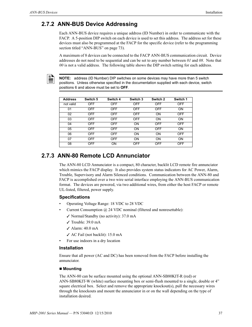 2 ann-bus device addressing, 3 ann-80 remote lcd annunciator, Specifications | Installation, Specifications installation | Fire-Lite MRP-2001C PRE-ACTION/DELUGE CONTROL PANEL User Manual | Page 37 / 144