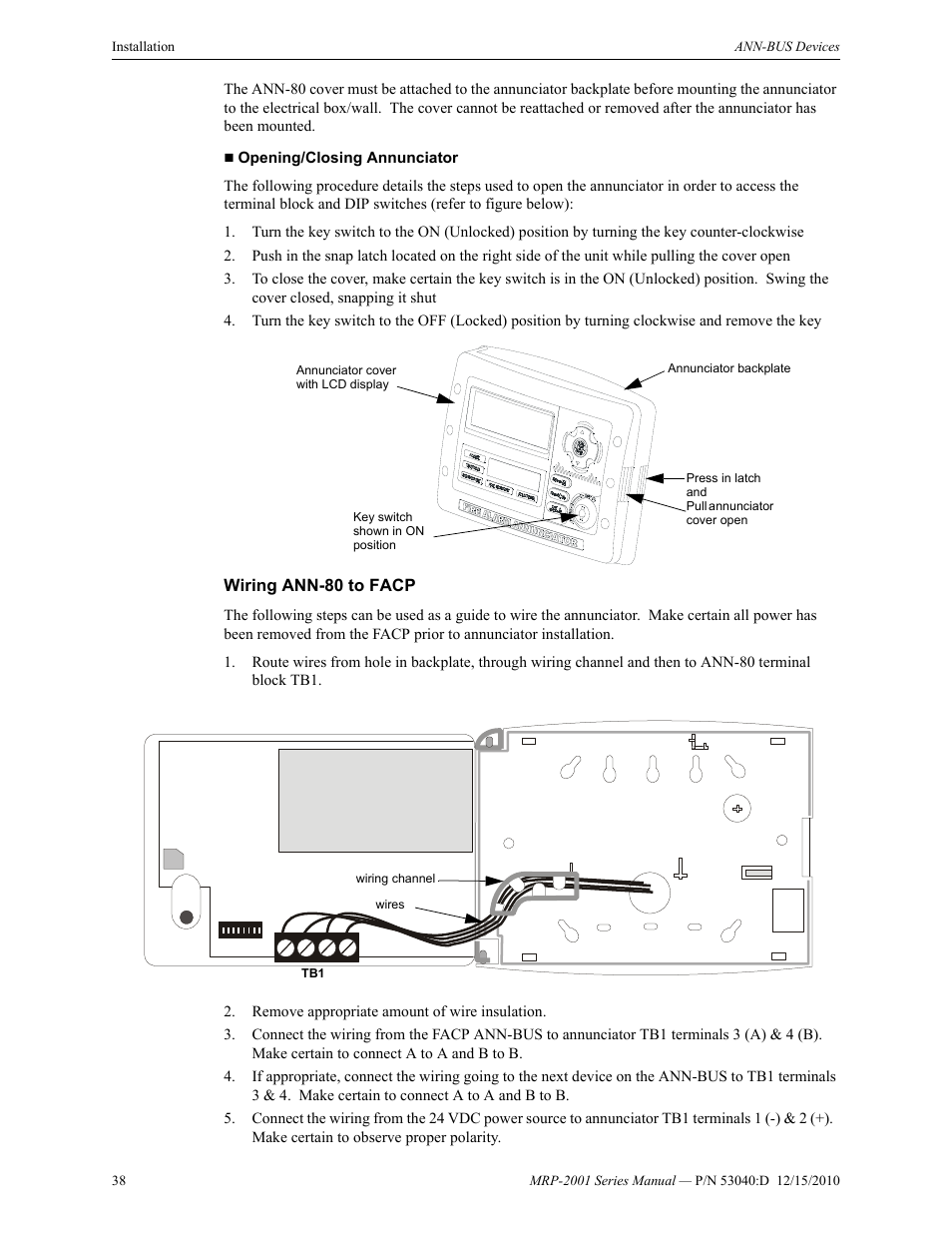 Wiring ann-80 to facp | Fire-Lite MRP-2001C PRE-ACTION/DELUGE CONTROL PANEL User Manual | Page 38 / 144