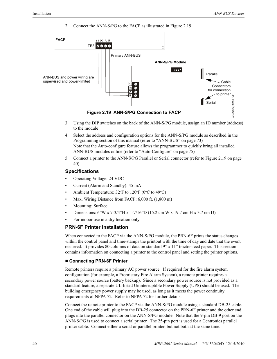 Specifications, Prn-6f printer installation, Specifications prn-6f printer installation | Fire-Lite MRP-2001C PRE-ACTION/DELUGE CONTROL PANEL User Manual | Page 40 / 144