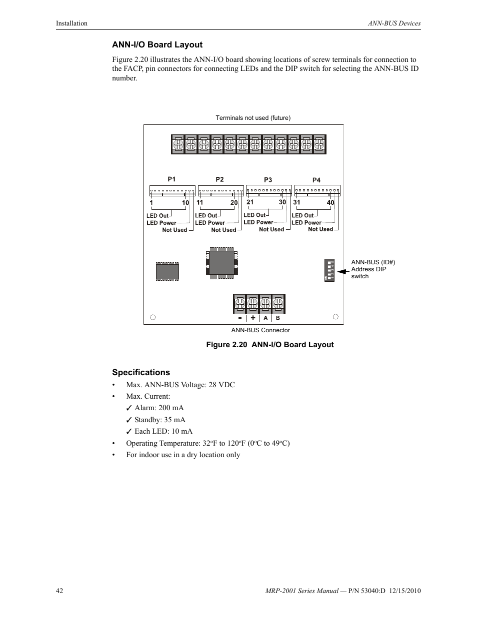 Ann-i/o board layout, Specifications, Ann-i/o board layout specifications | Fire-Lite MRP-2001C PRE-ACTION/DELUGE CONTROL PANEL User Manual | Page 42 / 144