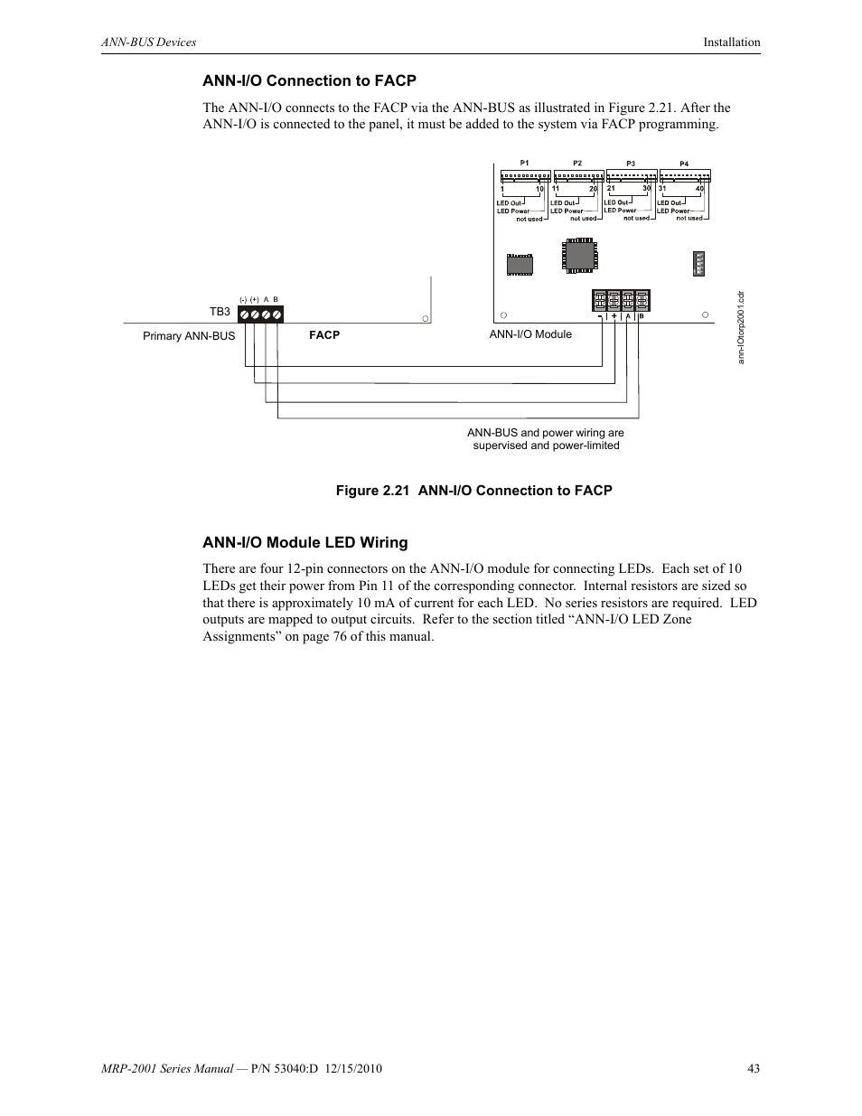 Ann-i/o connection to facp, Ann-i/o module led wiring | Fire-Lite MRP-2001C PRE-ACTION/DELUGE CONTROL PANEL User Manual | Page 43 / 144