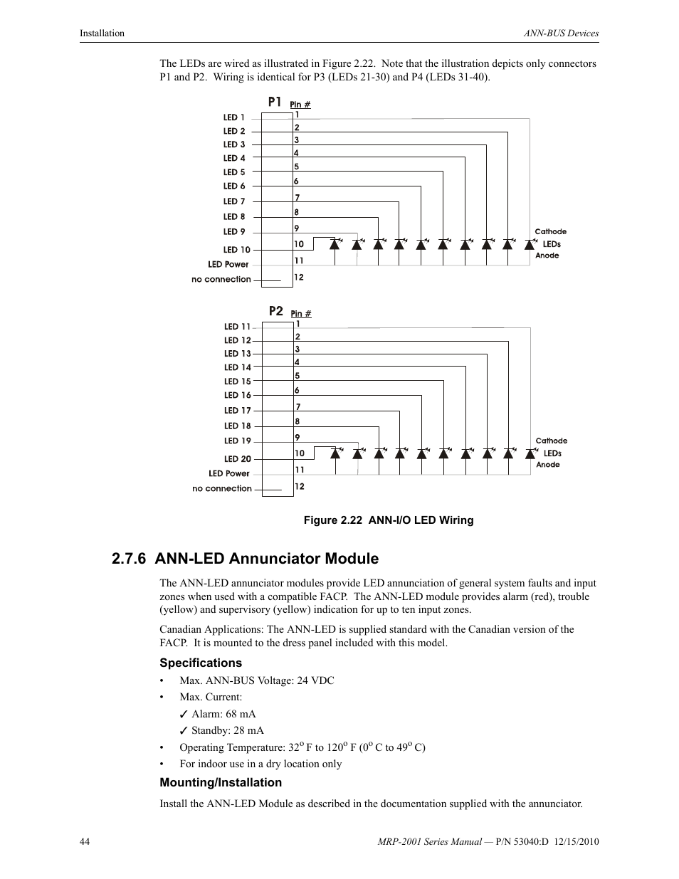 6 ann-led annunciator module, Specifications, Mounting/installation | Ann-led annunciator module, Specifications mounting/installation | Fire-Lite MRP-2001C PRE-ACTION/DELUGE CONTROL PANEL User Manual | Page 44 / 144