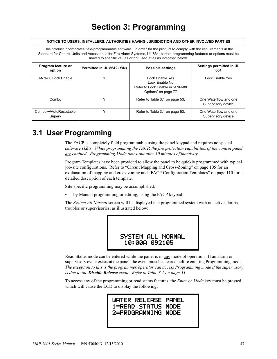 Section 3: programming, 1 user programming, User programming | Fire-Lite MRP-2001C PRE-ACTION/DELUGE CONTROL PANEL User Manual | Page 47 / 144