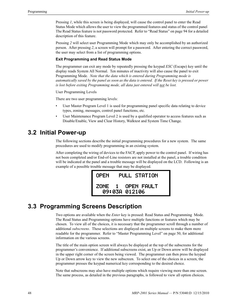 2 initial power-up, 3 programming screens description | Fire-Lite MRP-2001C PRE-ACTION/DELUGE CONTROL PANEL User Manual | Page 48 / 144