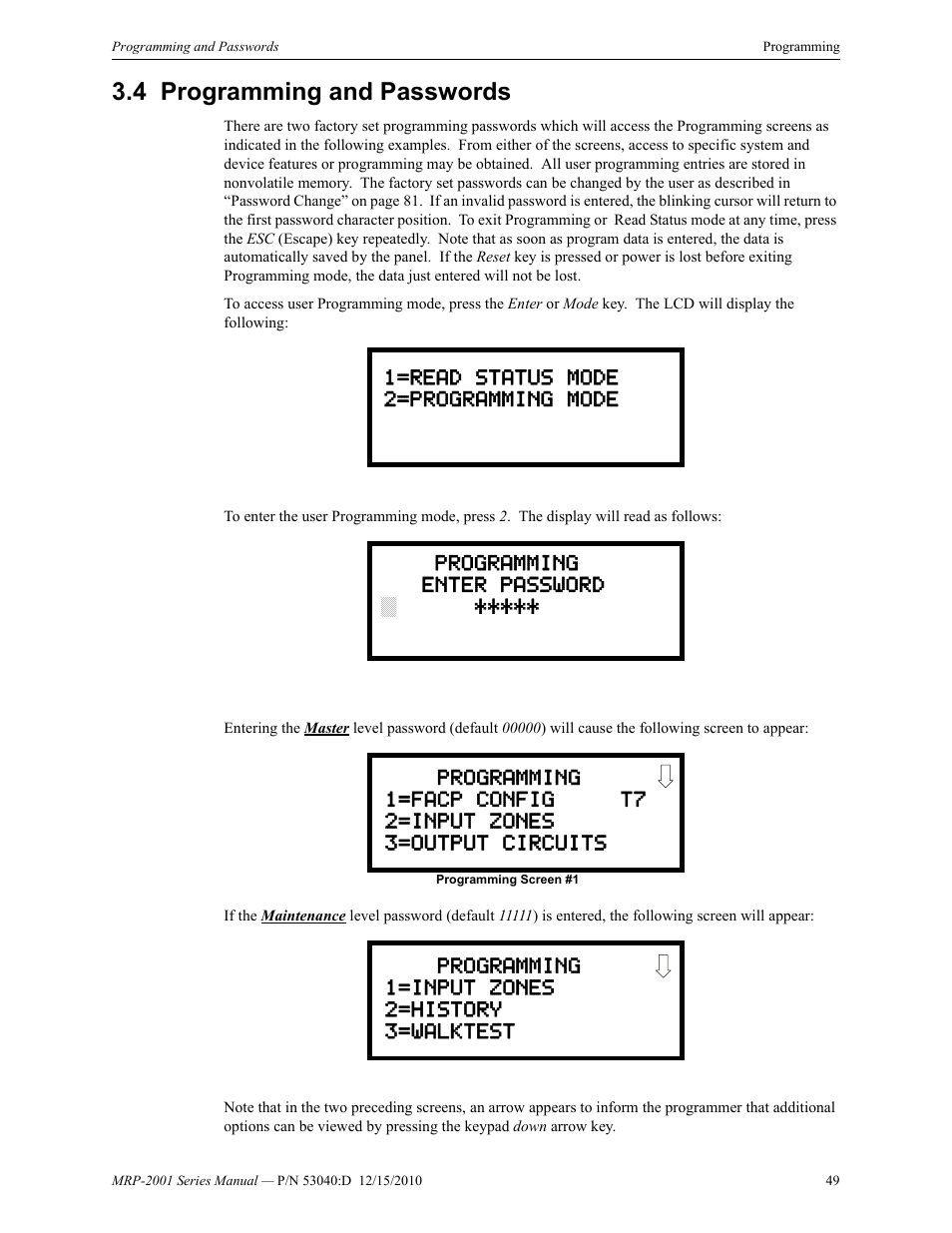 4 programming and passwords, Programming and passwords | Fire-Lite MRP-2001C PRE-ACTION/DELUGE CONTROL PANEL User Manual | Page 49 / 144