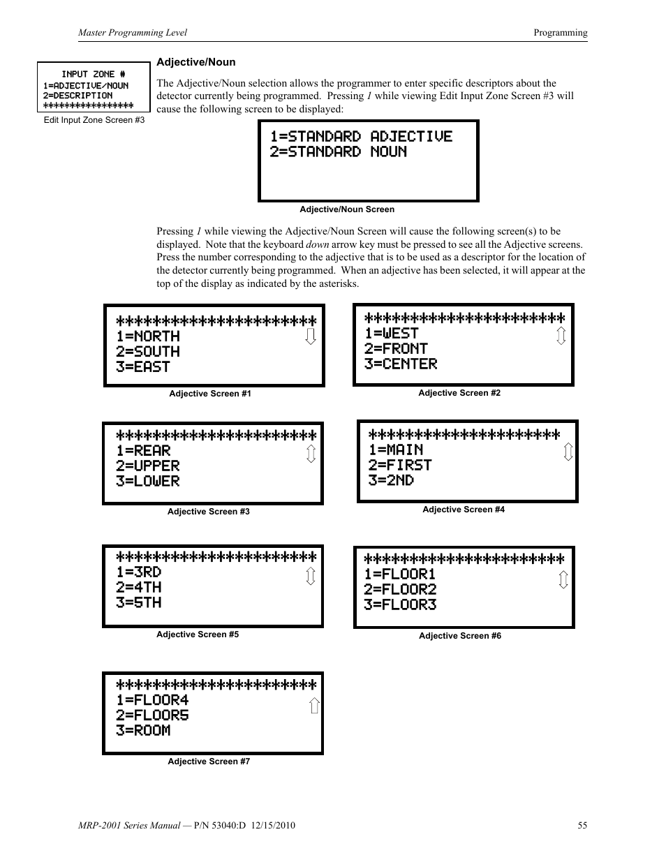 1=standard adjective 2=standard noun, 1=north 2=south 3=east, 1=west 2=front 3=center | 1=rear 2=upper 3=lower, 1=main 2=first 3=2nd | Fire-Lite MRP-2001C PRE-ACTION/DELUGE CONTROL PANEL User Manual | Page 55 / 144