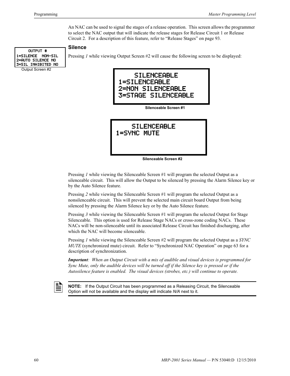 Silence, Silenceable 1=sync mute | Fire-Lite MRP-2001C PRE-ACTION/DELUGE CONTROL PANEL User Manual | Page 60 / 144