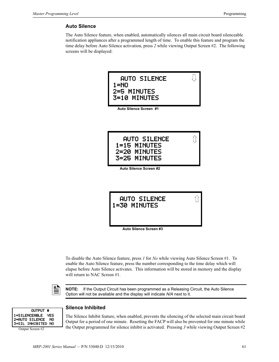 Auto silence, Silence inhibited, Auto silence silence inhibited | Auto silence 1=30 minutes | Fire-Lite MRP-2001C PRE-ACTION/DELUGE CONTROL PANEL User Manual | Page 61 / 144