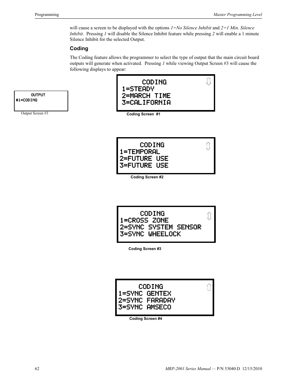 Coding, Coding 1=steady 2=march time 3=california, Coding 1=temporal 2=future use 3=future use | Coding 1=sync gentex 2=sync faraday 3=sync amseco | Fire-Lite MRP-2001C PRE-ACTION/DELUGE CONTROL PANEL User Manual | Page 62 / 144
