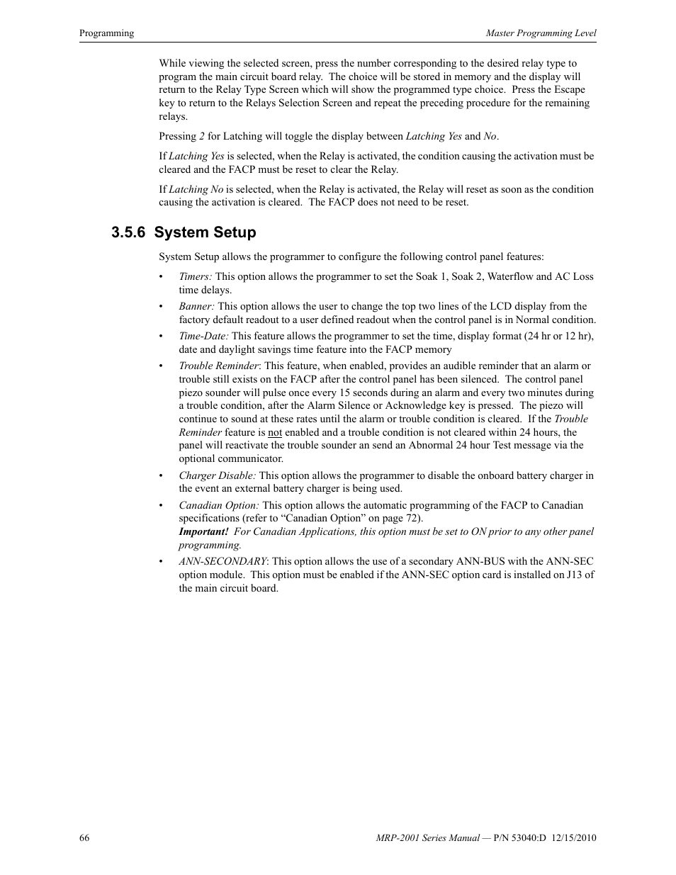 6 system setup, System setup | Fire-Lite MRP-2001C PRE-ACTION/DELUGE CONTROL PANEL User Manual | Page 66 / 144