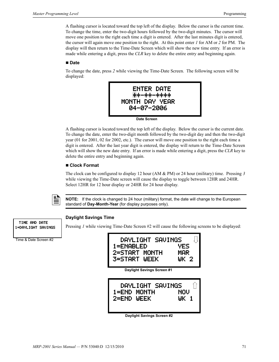 Daylight savings 1=end month nov 2=end week wk 1 | Fire-Lite MRP-2001C PRE-ACTION/DELUGE CONTROL PANEL User Manual | Page 71 / 144