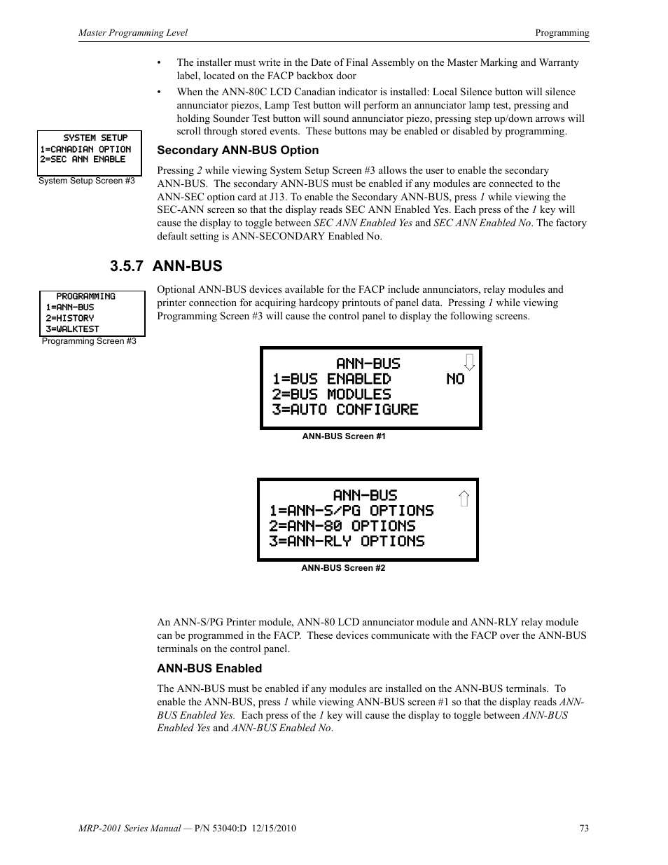 Secondary ann-bus option, 7 ann-bus, Ann-bus enabled | Ann-bus | Fire-Lite MRP-2001C PRE-ACTION/DELUGE CONTROL PANEL User Manual | Page 73 / 144