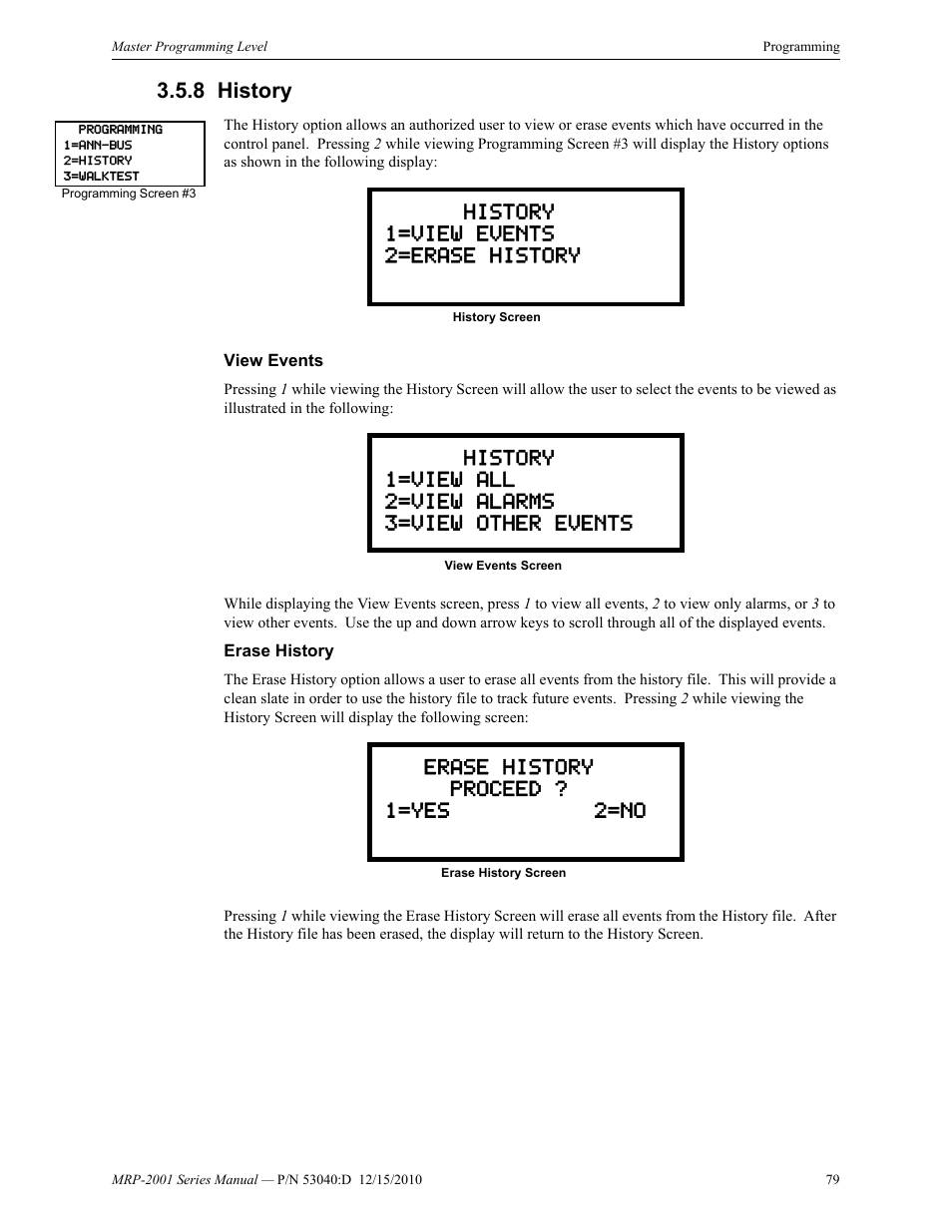8 history, View events, Erase history | History, View events erase history | Fire-Lite MRP-2001C PRE-ACTION/DELUGE CONTROL PANEL User Manual | Page 79 / 144