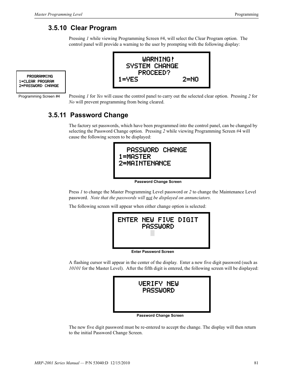 10 clear program, 11 password change, Clear program 3.5.11: password change | Fire-Lite MRP-2001C PRE-ACTION/DELUGE CONTROL PANEL User Manual | Page 81 / 144