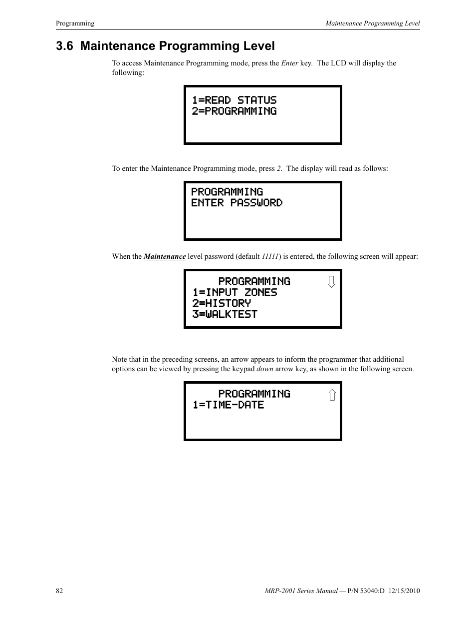 6 maintenance programming level, Maintenance programming level | Fire-Lite MRP-2001C PRE-ACTION/DELUGE CONTROL PANEL User Manual | Page 82 / 144