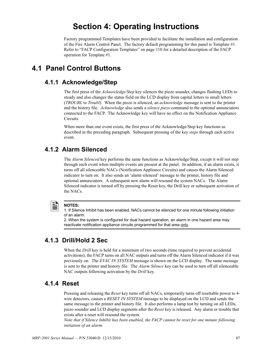Section 4: operating instructions, 1 panel control buttons, 1 acknowledge/step | 2 alarm silenced, 3 drill/hold 2 sec, 4 reset, Panel control buttons | Fire-Lite MRP-2001C PRE-ACTION/DELUGE CONTROL PANEL User Manual | Page 87 / 144