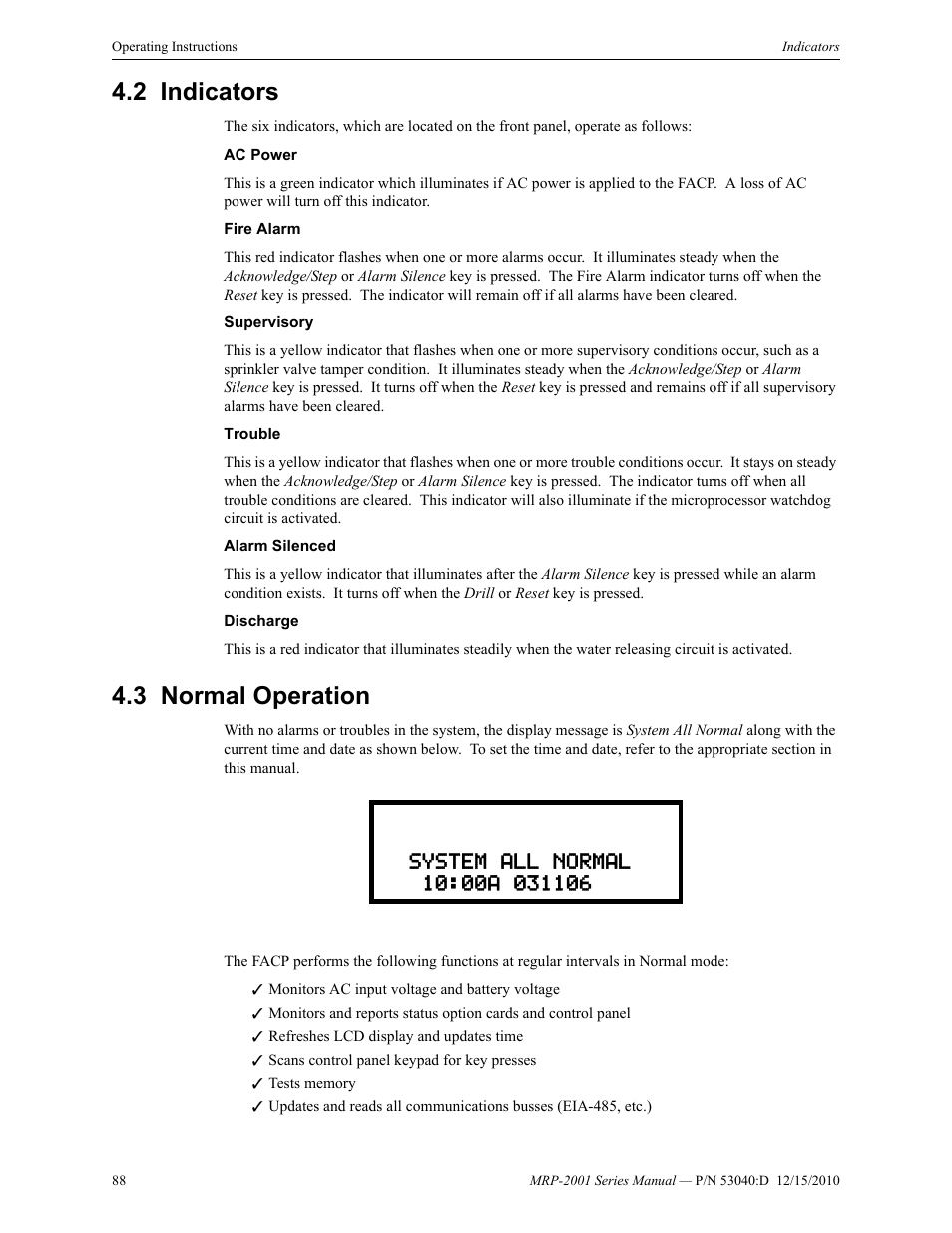 2 indicators, 3 normal operation, Indicators 4.3: normal operation | Fire-Lite MRP-2001C PRE-ACTION/DELUGE CONTROL PANEL User Manual | Page 88 / 144