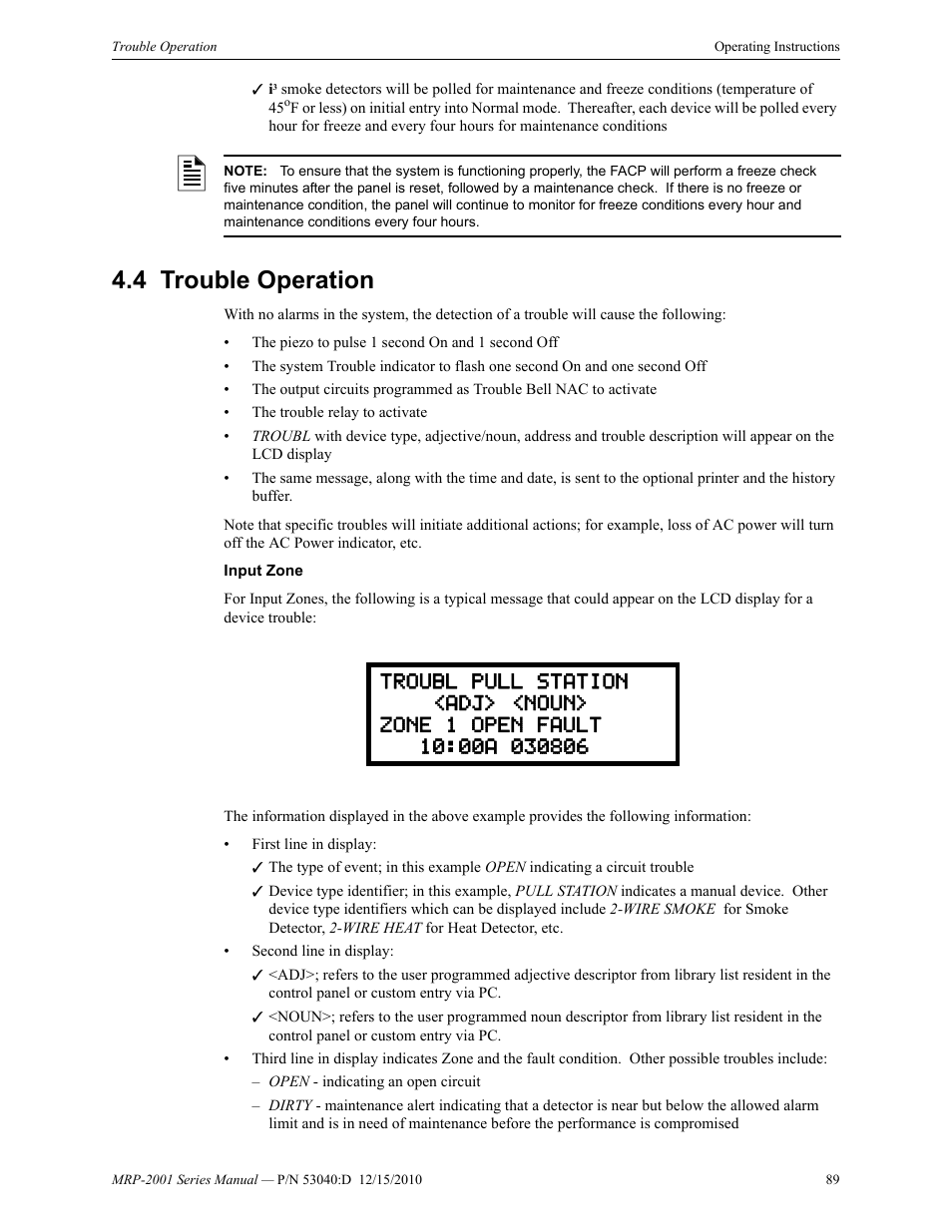 4 trouble operation, Trouble operation | Fire-Lite MRP-2001C PRE-ACTION/DELUGE CONTROL PANEL User Manual | Page 89 / 144