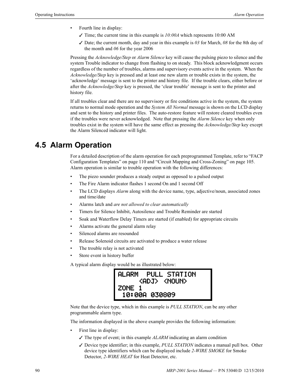 5 alarm operation, Alarm operation | Fire-Lite MRP-2001C PRE-ACTION/DELUGE CONTROL PANEL User Manual | Page 90 / 144