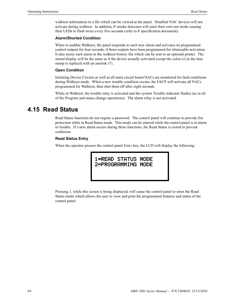 15 read status, Read status | Fire-Lite MRP-2001C PRE-ACTION/DELUGE CONTROL PANEL User Manual | Page 94 / 144